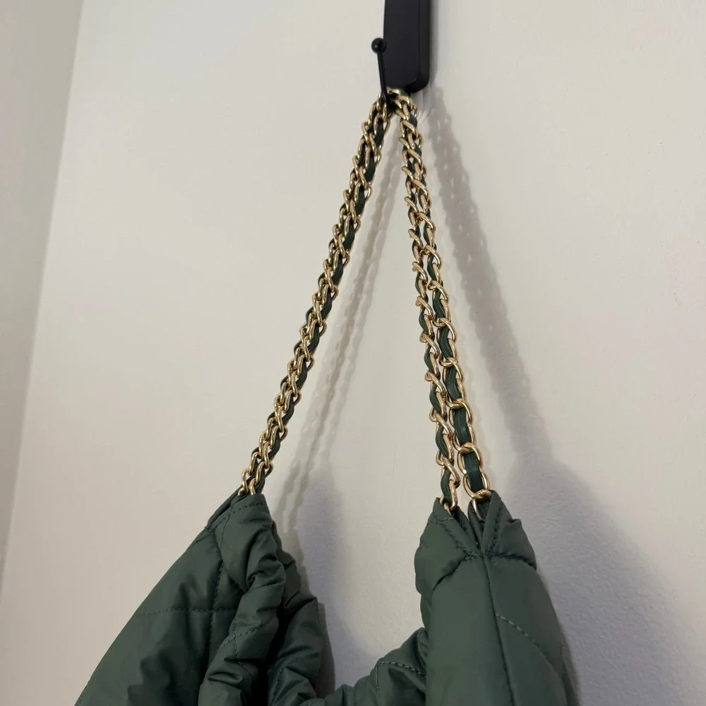 Quilted Puffer Chain Hobo Bag Olive Green Pillow Shoulder Bag  Y2K Luxury